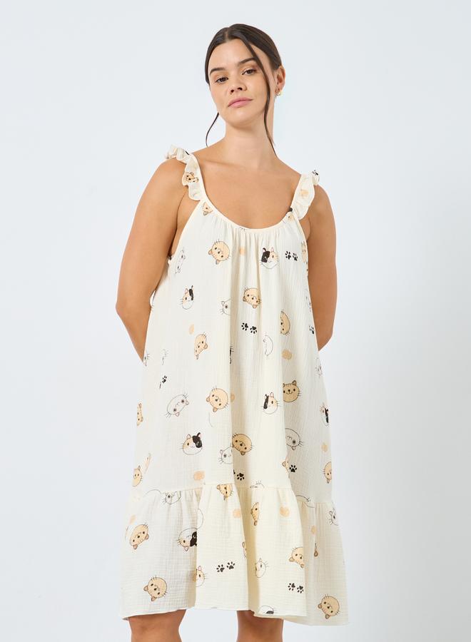 Styli Cotton Gauze Cat Print Ruffled Slip Dress - Image 2