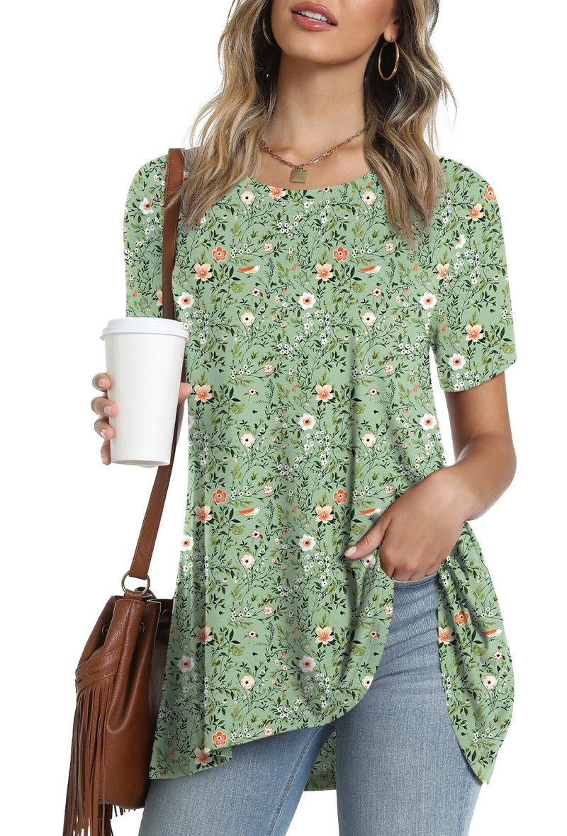 POPYOUNG Women's Summer Casual Short Sleeve Tunic Top for Leggings Crewneck Shirt Loose Blouse XXL, Beige White Chrysanthemum - Image 2