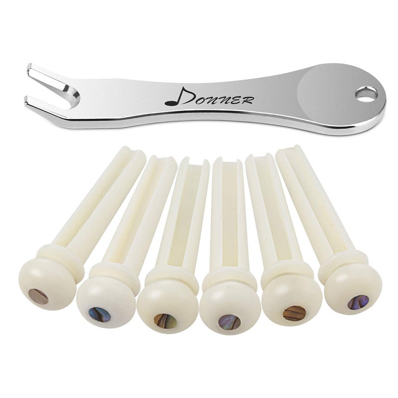 Donner Acoustic Guitar Bridge Pins, 6PCS White Bone Bridge Pins Inlaid 3mm Abalone Dot with Guitar Pins Puller and Sandpaper - Image 1