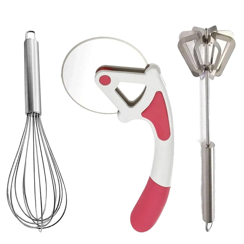 IDEAL PRIME Durable Stainless Steel Manual Hand Blender Pizza Cutter Whisk Set of 3 Rust Proof Steel Mathani Pizza Cutter Cutting Wheel Egg Beater Kitchen Tools Pack of 3 - Image 1