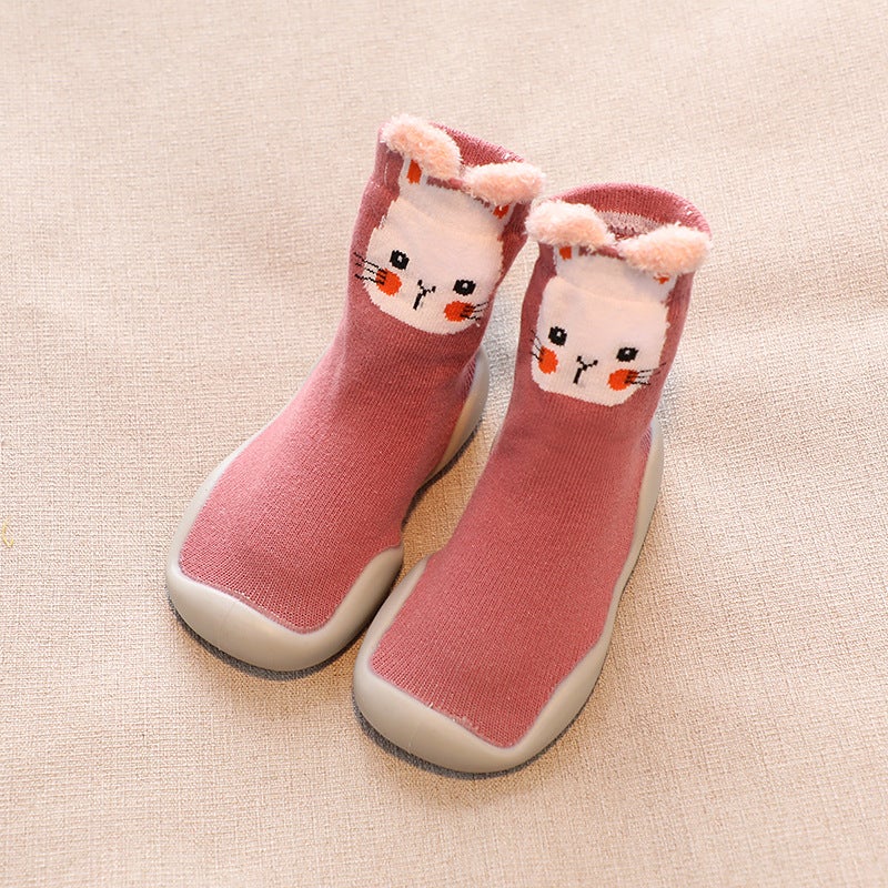 Kids Cartoon Sock Shoes Spring Autumn Anti-Slip Mid-Tube Pink Cat (gray background) 