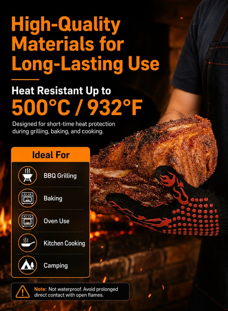 زوج من قفازات BBQ مقاومة للحرارة 500°C / 932°F، قفازات فرن من السيليكون مقاومة للانزلاق والقطع، مثبطة للهب، مناسبة للشواء، الخبز، الميكروويف، التخييم واستخدام المطبخ، متينة وإكسسوار أساسي للطهي - Image 4