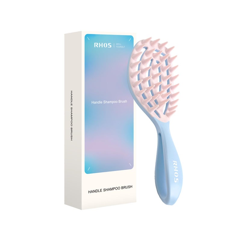 RHOS Scalp Massager, Shampoo Brush with Handle, Curved Vented Hair Scrubber, Scalp Brush for Wet & Dry Hair (Blue) - Image 1