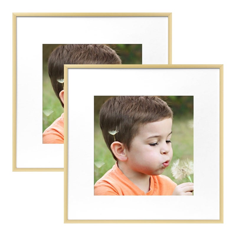 Frametory 12x12 Gold Aluminum Picture Frame  Set of 2  Ideal for Displaying 8x8 Photos with Mat or 12x12 Without Mat  Real Glass Front  Simple Gallery Wall Frames for Art Prints and Posters