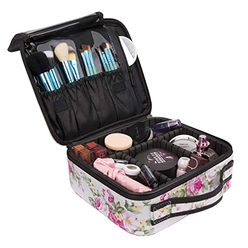 INOVERA (LABEL) Faux Leather Makeup Organizer Bag for Women, Girls & Bride - Travel Cosmetic Kit Storage Organiser - Toiletry Vanity Box with Adjustable Compartment, 26l x 23b x 9h cm (White Printed) - Image 3