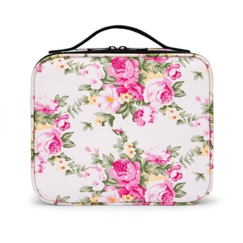 INOVERA (LABEL) Faux Leather Makeup Organizer Bag for Women, Girls & Bride - Travel Cosmetic Kit Storage Organiser - Toiletry Vanity Box with Adjustable Compartment, 26l x 23b x 9h cm (White Printed) - Image 1