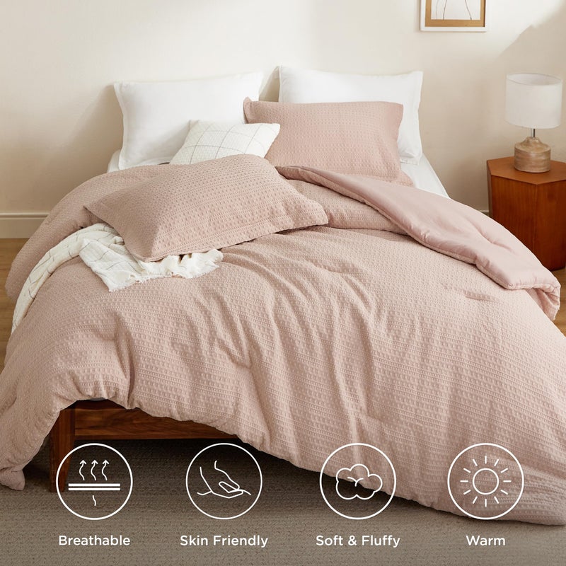 Bedsure 2 Pieces Waffle Comforter Set Twin Size suitable for Single mattress, Soft and Breathable, Includes  1 Waffle Weave Comforter (173 cm x 225 cm) and 1 Pillow Sham (50 cm x 66 cm), Dusty Pink - Image 5