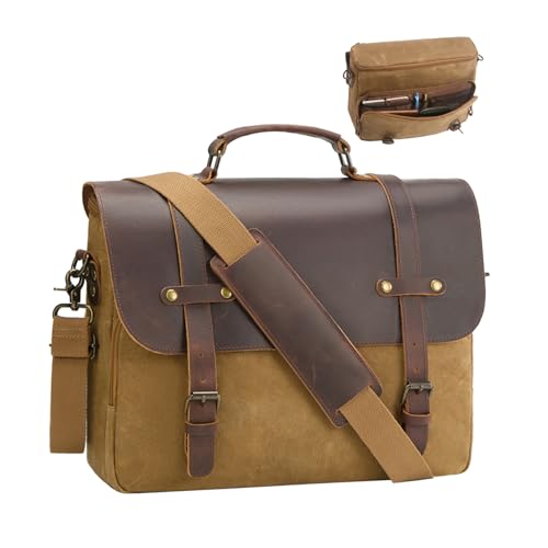 NEHOR Men's Messenger Bag Waxed Canvas Briefcase 16 Inch Vintage Genuine Leather Computer Laptop Bags Waterproof Satchel Shoulder Bag for Work/Business/Office - Image 1