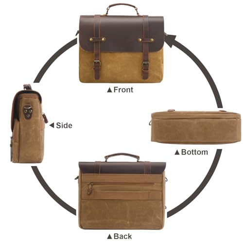 NEHOR Men's Messenger Bag Waxed Canvas Briefcase 16 Inch Vintage Genuine Leather Computer Laptop Bags Waterproof Satchel Shoulder Bag for Work/Business/Office - Image 3