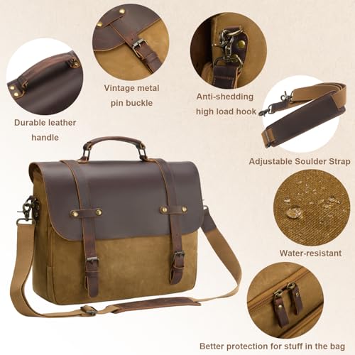 NEHOR Men's Messenger Bag Waxed Canvas Briefcase 16 Inch Vintage Genuine Leather Computer Laptop Bags Waterproof Satchel Shoulder Bag for Work/Business/Office - Image 5