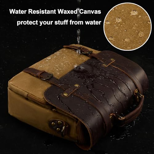 NEHOR Men's Messenger Bag Waxed Canvas Briefcase 16 Inch Vintage Genuine Leather Computer Laptop Bags Waterproof Satchel Shoulder Bag for Work/Business/Office - Image 4