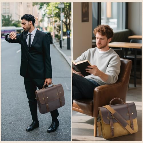 NEHOR Men's Messenger Bag Waxed Canvas Briefcase 16 Inch Vintage Genuine Leather Computer Laptop Bags Waterproof Satchel Shoulder Bag for Work/Business/Office - Image 2