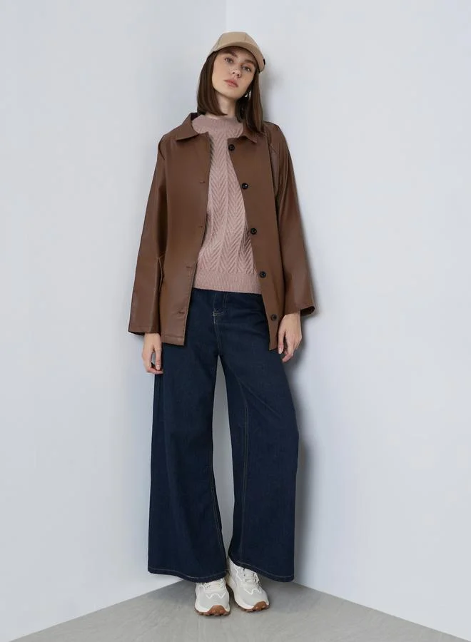 ستايلي جاكيت طويل من الجلد الصناعي بحزام ربطة