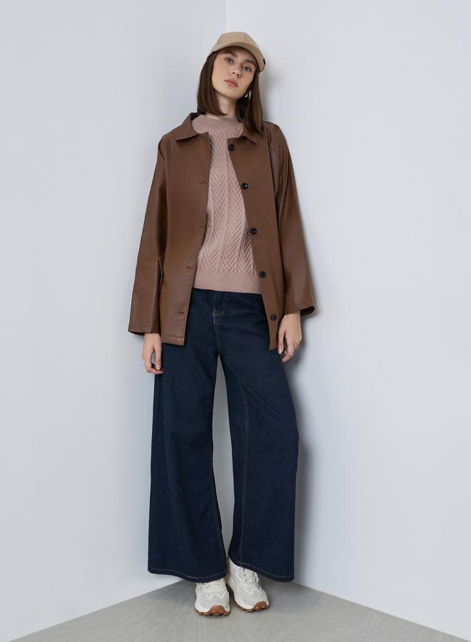 ستايلي جاكيت طويل من الجلد الصناعي بحزام ربطة - Image 2