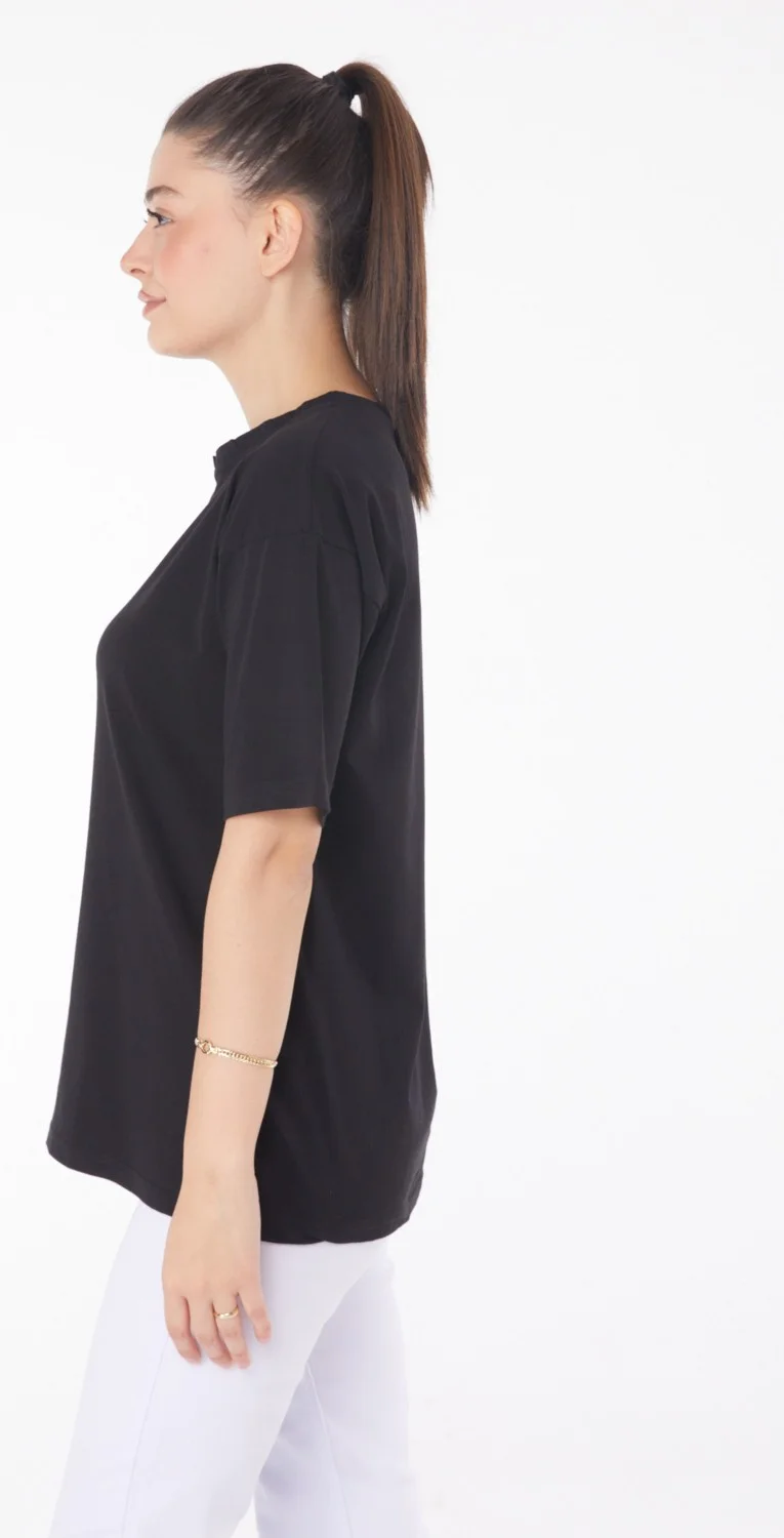 Tofisa Plain Crew Neck Women's Black T-Shirt - 25850