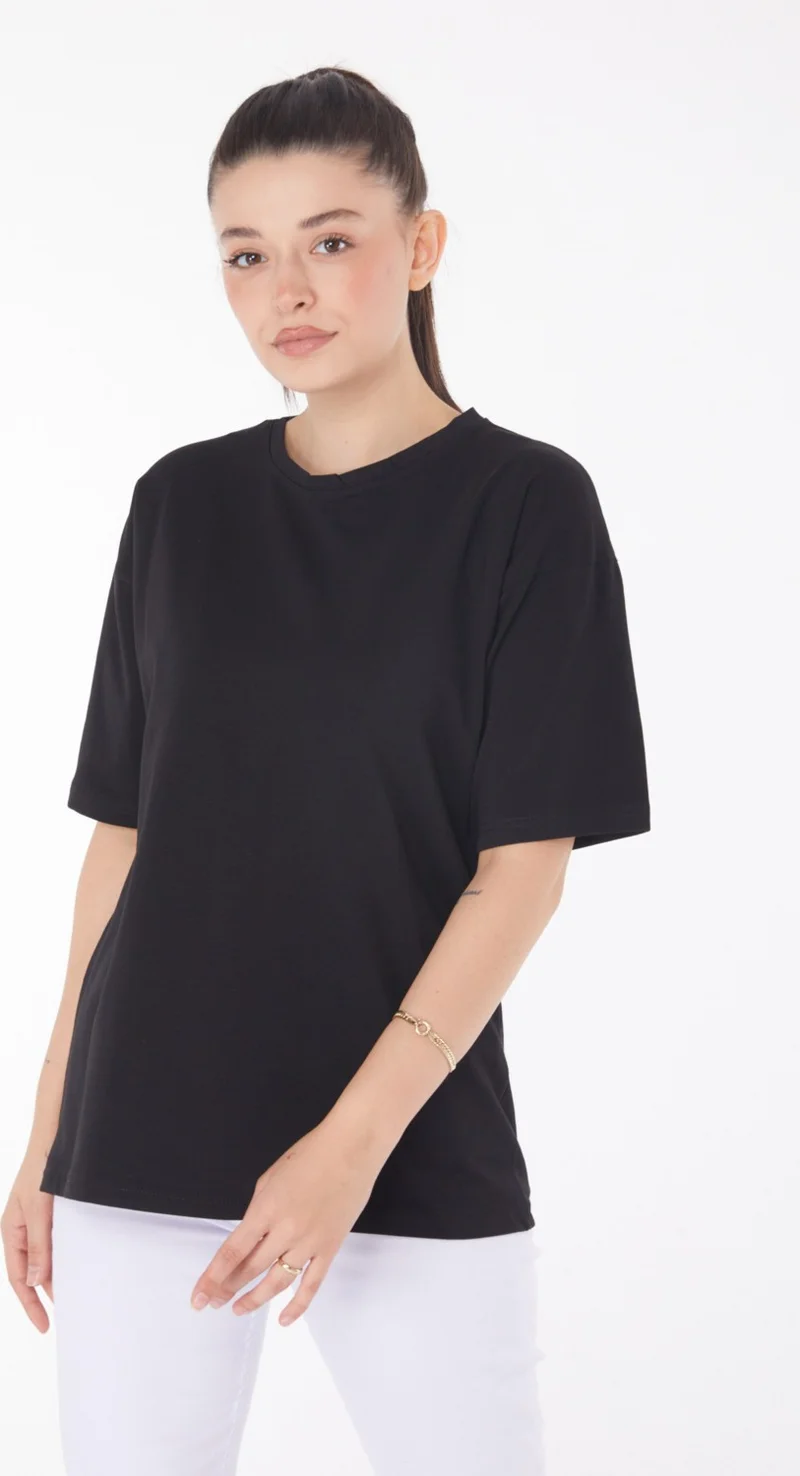 Tofisa Plain Crew Neck Women's Black T-Shirt - 25850