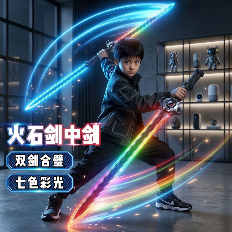 AL Flint Sword Dual-Blade Toy with Colorful Lights, Sound Effects, and Spray Action for Kids - Flint Sword Mid Sword Silver Edition (Standard 5 Flint) - Image 2