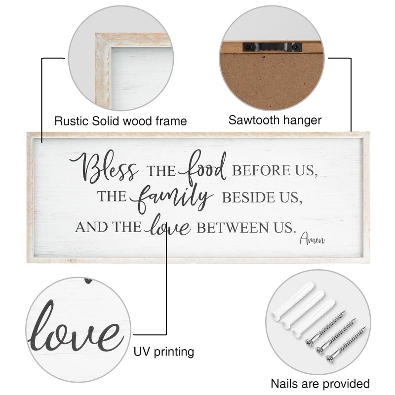 Easozoom Bless The Food Before Us Home Decor Wall Sign For Family Kitchen Farmhouse Dining Room Vintage Rustic Retro Boho Wood House Wall Art Decoration For Living Room Bedroom 40 x 15 Inch white - Image 2