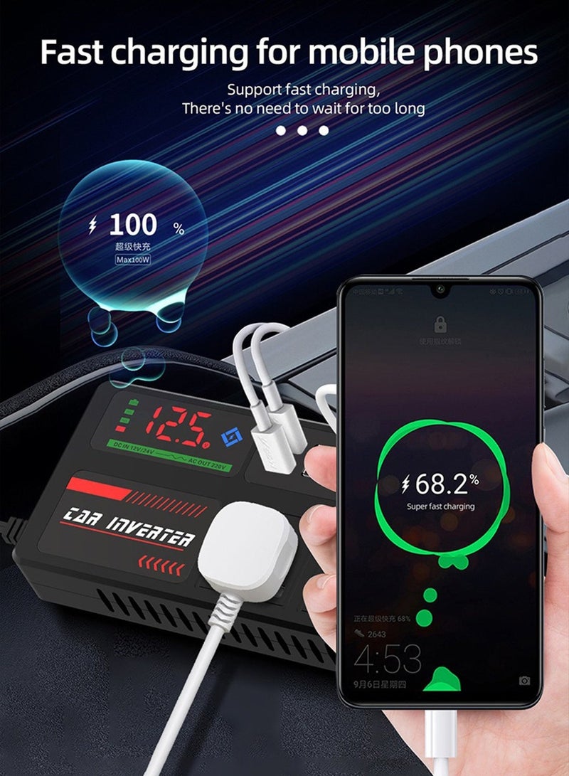 FDTY 200W Car Power Inverter 12V/24V to 220V Pure Sine Wave Vehicle Converter with 2 AC Sockets + 3 USB PD Fast Charging Ports Portable Automotive Charger Adapter for Car Truck Camping Travel - Image 4