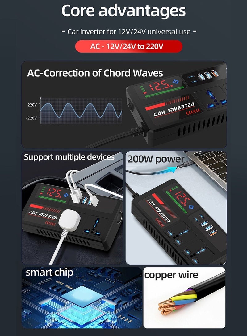 FDTY 200W Car Power Inverter 12V/24V to 220V Pure Sine Wave Vehicle Converter with 2 AC Sockets + 3 USB PD Fast Charging Ports Portable Automotive Charger Adapter for Car Truck Camping Travel - Image 3