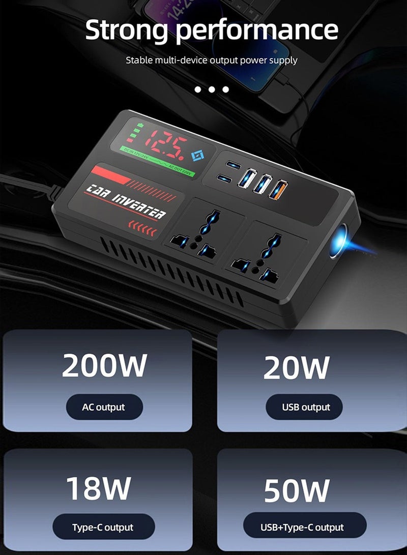 FDTY 200W Car Power Inverter 12V/24V to 220V Pure Sine Wave Vehicle Converter with 2 AC Sockets + 3 USB PD Fast Charging Ports Portable Automotive Charger Adapter for Car Truck Camping Travel - Image 5