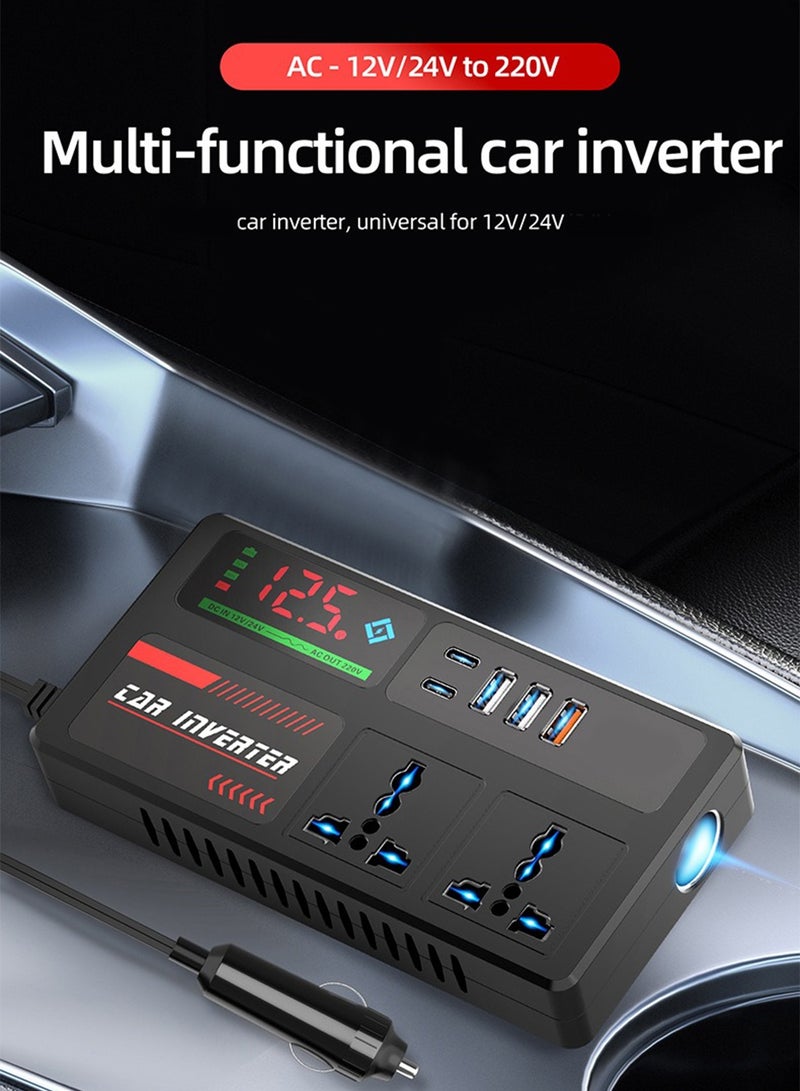 FDTY 200W Car Power Inverter 12V/24V to 220V Pure Sine Wave Vehicle Converter with 2 AC Sockets + 3 USB PD Fast Charging Ports Portable Automotive Charger Adapter for Car Truck Camping Travel - Image 2