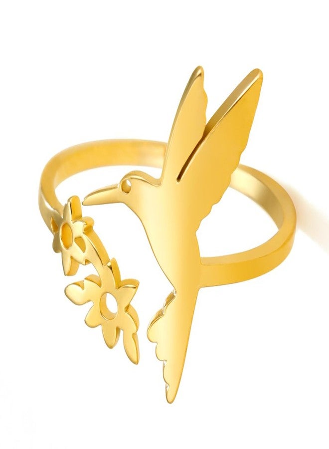 TEAMER Hummingbird Flower Open Ring Stainless Steel Adjustable Dainty Bird Flower Ring Hollow Animal Jewelry for Women (Gold) - Image 1