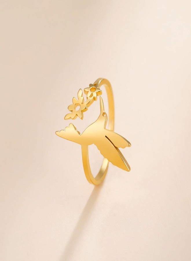 TEAMER Hummingbird Flower Open Ring Stainless Steel Adjustable Dainty Bird Flower Ring Hollow Animal Jewelry for Women (Gold) - Image 4