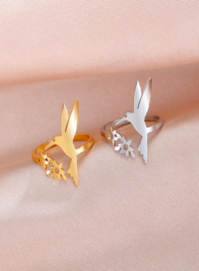 TEAMER Hummingbird Flower Open Ring Stainless Steel Adjustable Dainty Bird Flower Ring Hollow Animal Jewelry for Women (Gold) - Image 5