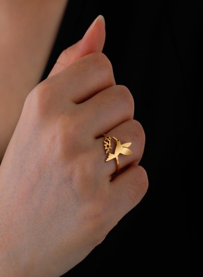 TEAMER Hummingbird Flower Open Ring Stainless Steel Adjustable Dainty Bird Flower Ring Hollow Animal Jewelry for Women (Gold) - Image 3