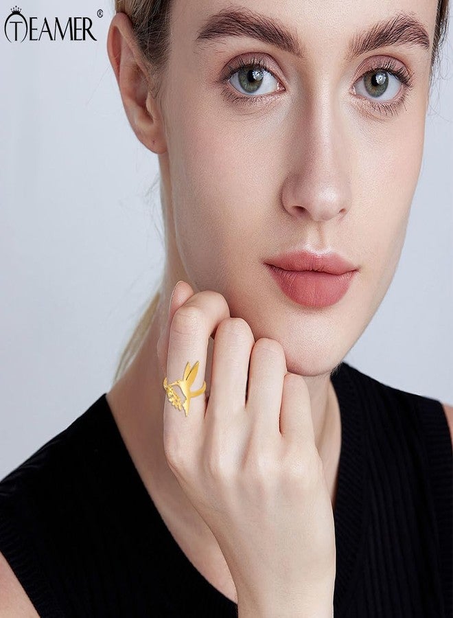 TEAMER Hummingbird Flower Open Ring Stainless Steel Adjustable Dainty Bird Flower Ring Hollow Animal Jewelry for Women (Gold) - Image 2