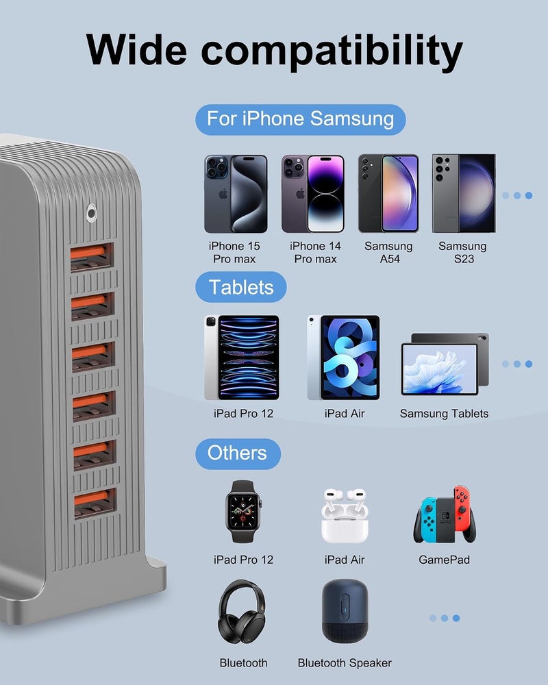 في اتش بي دبليو محطة شحن USB بمنافذ 6 من VHBW، كتلة شحن USB متعددة بقدرة 50 واط لأجهزة iPhone وiPad وSamsung Galaxy وGoogle Pixel وغيرها (رمادي 50 واط) - Image 2