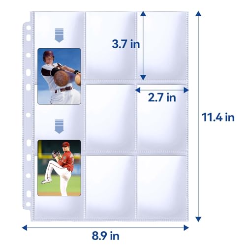 PANDRI Trading Card Sleeve Pages, PANDRI 100 Pack 9 Pocket Trading Card Storage Album Pages 11 Holes Fit 3 Ring Binder - Image 2
