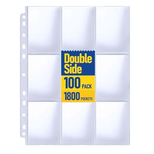 PANDRI Trading Card Sleeve Pages, PANDRI 100 Pack 9 Pocket Trading Card Storage Album Pages 11 Holes Fit 3 Ring Binder - Image 1