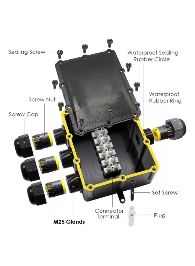 صندوق توصيل خارجي مقاوم للماء IP68، موصلات كابلات خارجية رباعية الاتجاهات مع موصلات أسلاك M25، صندوق توصيلات كهربائية لكابل بقطر 4-14 مم (أسود) - Image 2