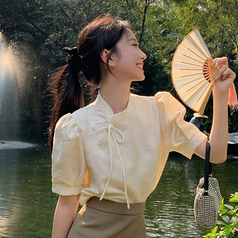 Chinese Style National Style Top Light Mature Style Short-sleeved Shirt Womens Summer Retro National Fashion National New Cheongsam Improved Lace-up Apricot