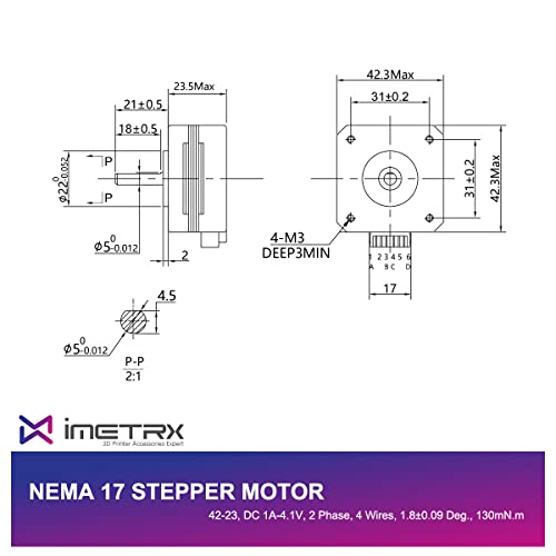 iMetrx 1PCS Nema 17 Stepper Motor 42-23 3D Printer Extruder Motor 17HS4023 DC 1A-4.1V 2 Phase 4 Wires 1.8 Degrees with 39.3 inch Cable for Creality CR-10 10S Ender 3D Printer/CNC extruder and Y-axis - Image 2