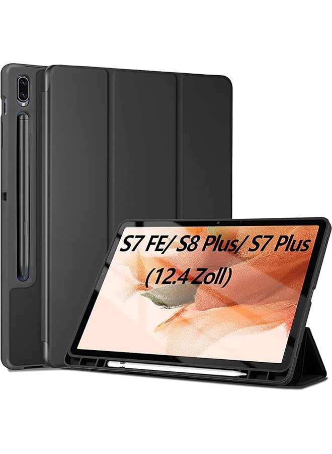 إيروريكس حافظة لجهاز سامسونج جالكسي تاب S8 بلس S7 بلس S7 Fe مقاس 12.4 بوصة رفيعة وخفيفة الوزن مع حامل ثلاثي الطيات وغطاء حماية تلقائي السكون لجهاز سامسونج جالكسي تاب S8 بلس S7 بلس S7 Fe أسود - Image 1