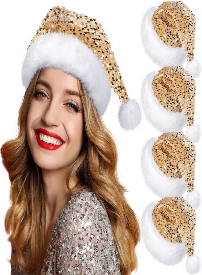 Funnysoft 4 Pcs Christmas Hat Adult Sequin Santa Hat with Plush Brim Thicken Velvet Xmas Hats for Women Men Holiday Party(Champagne Gold,Sequin) - Image 1