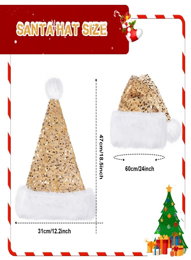 Funnysoft 4 Pcs Christmas Hat Adult Sequin Santa Hat with Plush Brim Thicken Velvet Xmas Hats for Women Men Holiday Party(Champagne Gold,Sequin) - Image 2