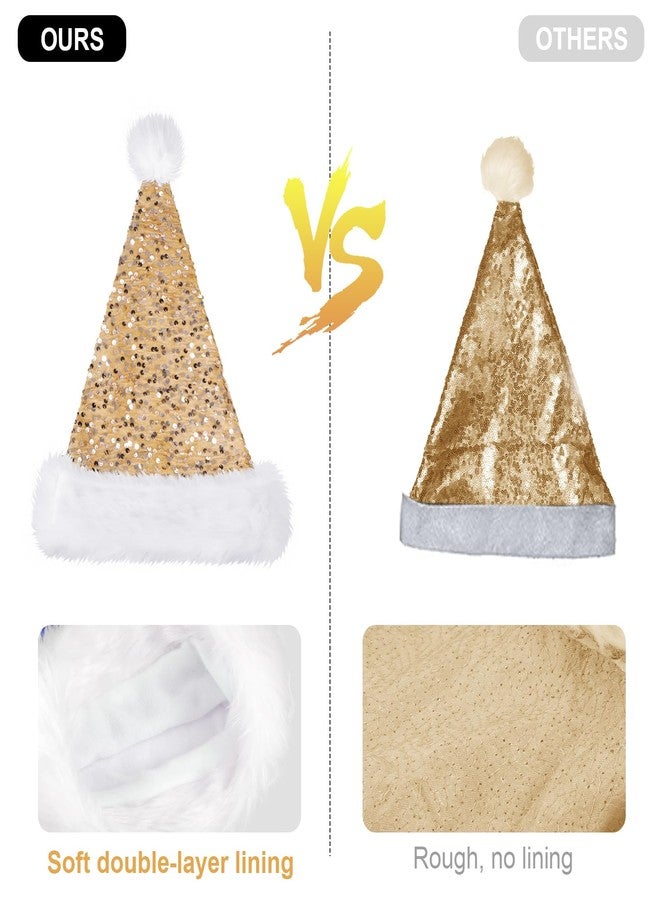 Funnysoft 4 Pcs Christmas Hat Adult Sequin Santa Hat with Plush Brim Thicken Velvet Xmas Hats for Women Men Holiday Party(Champagne Gold,Sequin) - Image 3