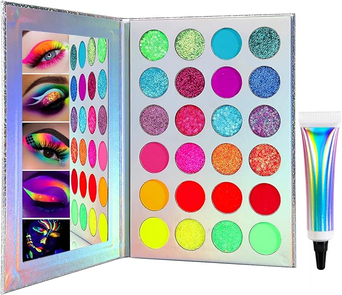 Afflano Halloween Neon Glow In Dark Eyeshadow Palette Afflano UV Blacklight Neon Glitter Eyeshadow Pallet Primer Colorful Blue Red Orange Purple Green Glitter Eye Shadow SFX Joker Skull Makeup Palettes - Image 1