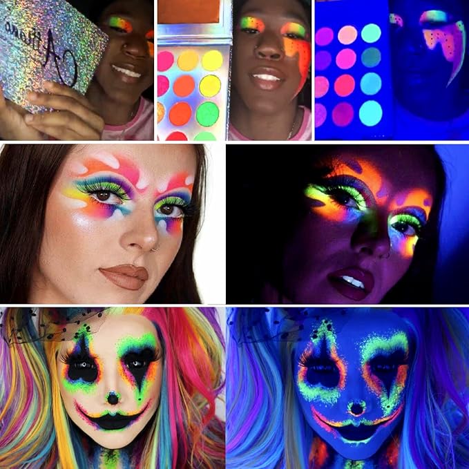 Afflano Halloween Neon Glow In Dark Eyeshadow Palette Afflano UV Blacklight Neon Glitter Eyeshadow Pallet Primer Colorful Blue Red Orange Purple Green Glitter Eye Shadow SFX Joker Skull Makeup Palettes - Image 4