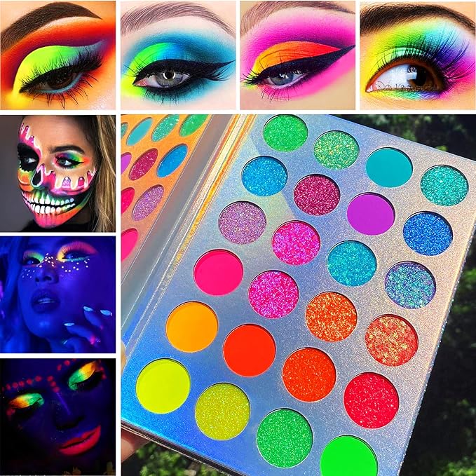 Afflano Halloween Neon Glow In Dark Eyeshadow Palette Afflano UV Blacklight Neon Glitter Eyeshadow Pallet Primer Colorful Blue Red Orange Purple Green Glitter Eye Shadow SFX Joker Skull Makeup Palettes - Image 3