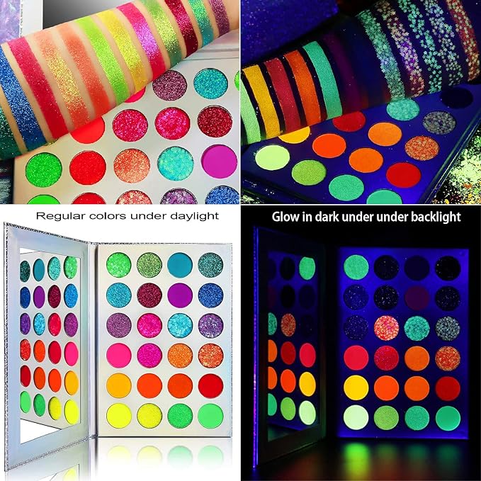 Afflano Halloween Neon Glow In Dark Eyeshadow Palette Afflano UV Blacklight Neon Glitter Eyeshadow Pallet Primer Colorful Blue Red Orange Purple Green Glitter Eye Shadow SFX Joker Skull Makeup Palettes - Image 5