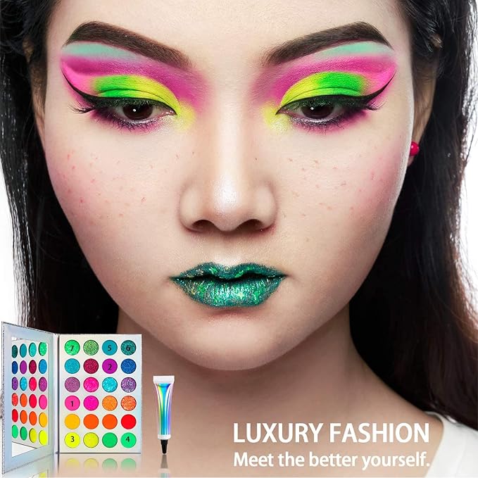 Afflano Halloween Neon Glow In Dark Eyeshadow Palette Afflano UV Blacklight Neon Glitter Eyeshadow Pallet Primer Colorful Blue Red Orange Purple Green Glitter Eye Shadow SFX Joker Skull Makeup Palettes - Image 2