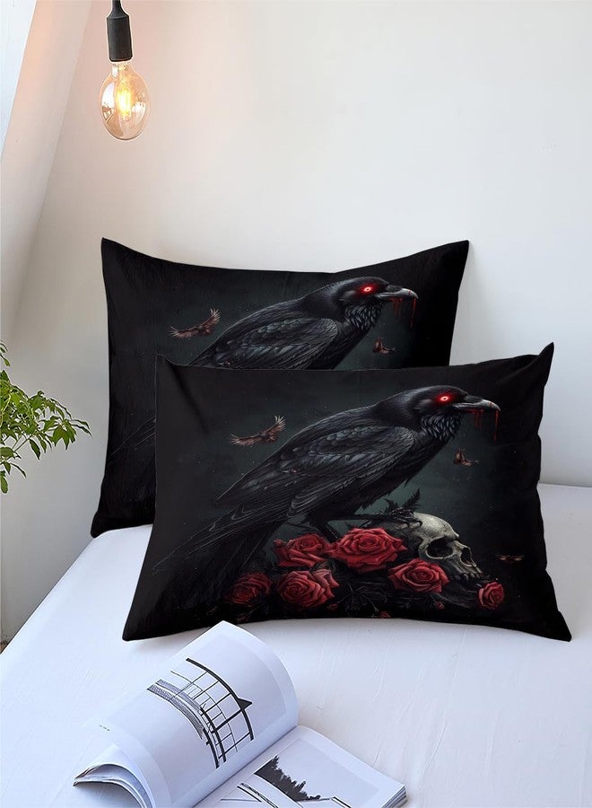 CCoutueChen Black Crow Red Rose Skull Comforter Set King Size Halloween Gothic Roses Skeleton Bedding Set Holiday Decoration Bedding Black Floral Bird Down Comforters Soft Microfiber Comforter Sets - Image 5