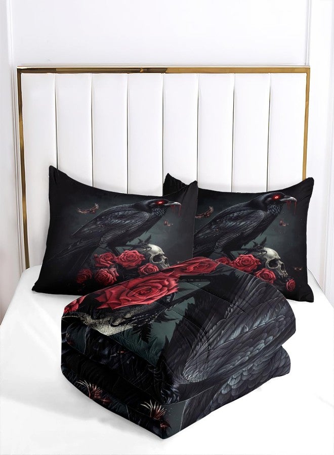 CCoutueChen Black Crow Red Rose Skull Comforter Set King Size Halloween Gothic Roses Skeleton Bedding Set Holiday Decoration Bedding Black Floral Bird Down Comforters Soft Microfiber Comforter Sets - Image 4