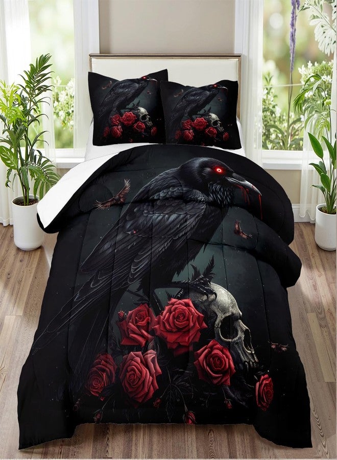 CCoutueChen Black Crow Red Rose Skull Comforter Set King Size Halloween Gothic Roses Skeleton Bedding Set Holiday Decoration Bedding Black Floral Bird Down Comforters Soft Microfiber Comforter Sets - Image 2
