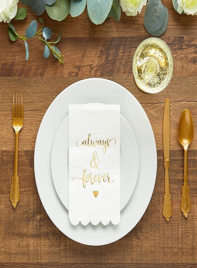 Sparkle and Bash Wedding Napkins - 4 x 8 in, 100-Pack, 3-Ply White & Gold Foil Scalloped Edges - Disposable Dinner Napkins for Reception - Rehearsal & Bridal Shower - Always & Forever - Image 2